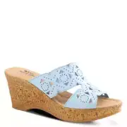 SPRING STEP FLAMYO SLIDE SANDALS SKY BLUE LEATHER MID HEEL WEDGE US 8.5 EUR 39