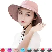 [OZ SMART SUN PROTECTION] Girls/Kids Bucket Sun Hat with Wide Brim & Ponytail Hole, UPF 50 Sun Protection Kid Bucket Hat with Chin Strap Adjustable for Swim Tennis Running