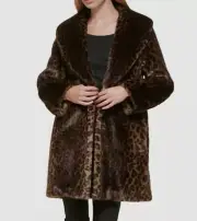 Donna Karan Women's Brown Leopard-Print Shawl-Collar Faux-Fur Coat Size XXS