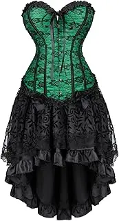 [FAWENLI] Fashion Women'S Corset Dress Sexy Green Floral Lace Overlay Corset Dress Floral Long Skirt Sets Gothic Plus Si