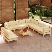 vidaXL 10 Piece Garden Lounge Set with Cream Cushions Solid Pinewood