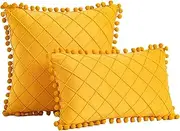 [Hyper Cover] Velvet Cushion Cover Pom Pom Diamond Pleated Checked Design (45x45 cm, Orange)- Perfect Home Décor Product, Boho Room Decor - Ideal for Couch Cushion Covers and Throw Pillow Covers