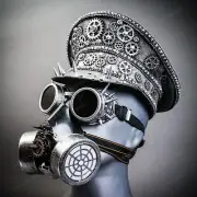 Metallic Silver Steampunk Captain Cap w/ Silver Robot Mask & Spike Goggles