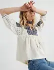 NEW LUCKY BRAND Embroidered Peasant Blue White Top Medium Vtg inspired