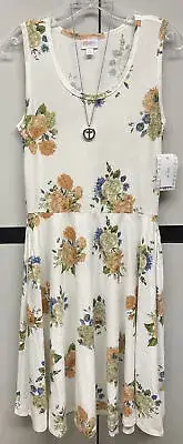 NWT 2.0 LuLaRoe Medium White Peach Blue Green Floral Nikki Knit Sleeveless Dress