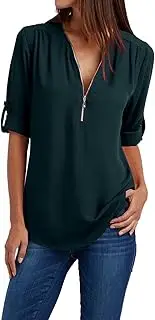 Chiffon Blouses for Women Roll Up Long Sleeve 1/4 Zip Polo Shirts Lightweight Business Casual Work Office Outfits