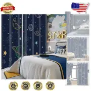 Navy Blue Blackout Curtains with Stars & Planets - Kids Room Set of 2 Panels