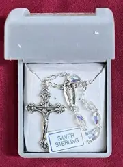 Rosary Sterling Silver Crucifix, Swarovski 5mm Oval Crystal Beads, Made In Italy