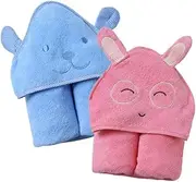 InsHere Rabbit & Bear Kids Hooded Towels for Bath Beach Swimming Pool, 2 Packs for Toddler Boys & Girls, Oversized 35x35 Cute Animal Face Hood Towel Wrap, 100% Cotton Soft Cozy & Absorbent