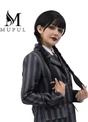 Long Braided Wig with Bangs Black Wednesday Adult Costume Role-play Wig