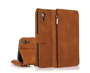For iPhone XR Case, Leather Zipper Purse Flip Cover Case with Card Slot Holder Wrist Strap Lanyard (Brown)