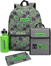 [Minecraft] Backpack And Lunch Box Set For Kids | 4 Piece Creeper Zombie Enderman Villains School Rucksack, Lunch Bag, Pencil Case, Water Bottle