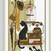Whiskered Wonders Embroidery Kit: Black Cat & Parrot Stamped with Printed Patter