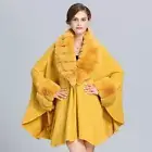 5 Colors Women Faux Fur Collar Cloak Coat Maxi Winter Cape Jacket Knit Outwear L