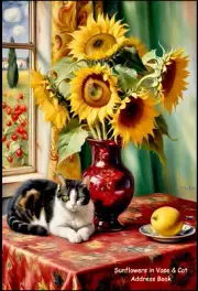 Sunflowers in Vase & Cat 6" x 9" Address Book Contacts, Phone Numbers, Emails