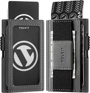 [VULKIT] Pop Up Wallet with ID Window and Cash Strap for Max. 8 Cards, Slim Aluminum Pop Up Card Case with Minimalist Leather Sleeve, Grey
