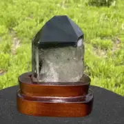 Top! 0.57kg Natural Ghost Quartz Obelisk Reiki Crystal Wand Point Tower + Stand