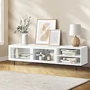 Oikiture 160CM TV Cabinet Stand with 2 Tempered-Glass Doors Storage Drawers, Entertainment Unit with 2 Open Shelves, Moden Style TV Unit for for Apartment Home Living Room Bedroom, White