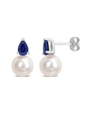 Rina Limor Silver 1.34 ct. tw. Blue Sapphire 8.5-9mm Pearl Studs