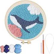 SOFPLATE DIY Punch Needle Kit Dolphin Punching Needle Embroidery Kits with Sewing Pinch Yarns Wood Hoop Shelf Stamped Embroidery Cloth Animal Pattern Craft Set for Adult Beginner Making Garment Pillow