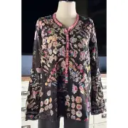 Johnny Was Brigitte 100% Silk Floral Embroidered Black Blouse S