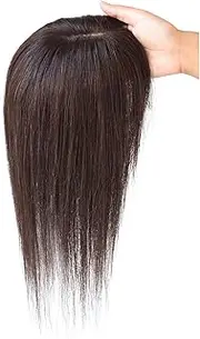 viviaBella Hair Topper with Bangs Clip in Human Hair Toppers Seamless Hairpiece Toupee for Women Thick Silk Base Topper for Thicking Hair (12inch, 5.1"X5.1" 3# Dark Brown)