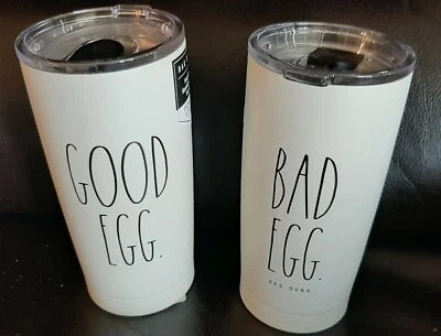 NEW Rae Dunn COFFEE Travel Mug Insulated Cup Easter GOOD EGG / BAD EGG 17 oz
