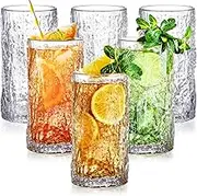 Cididu Set of 6 Crystal Highball Drinking Glasses, 12 oz Tall Water Glasses, Thicke Vintage Drinkware Cups Textured Glassware, Iced Beverage Glass Cups for Cocktails, Juice, Beer, Tea