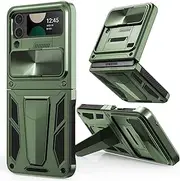[CASESTAR] Military Armor Series Case for Samsung Galaxy Z Flip 4 / Z Flip 3，Build-in Kickstand & Camera Protection Sliding Cover - (Metallic Green)