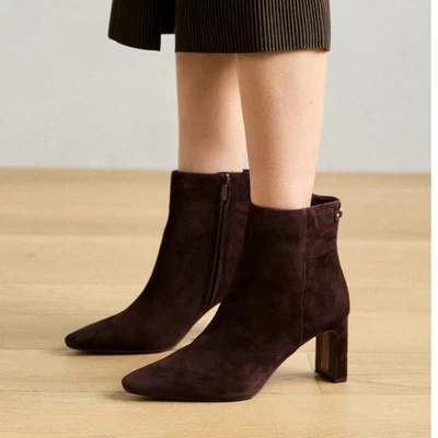 Sam Edelman Womens 10M Dark Brown Suede Saige Ankle Boots Block Heels BR13-2