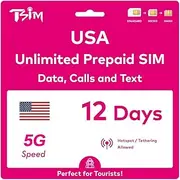 TSIM USA SIM Card for Travel to the USA, T-Mobile 5G, Unlimited Data, Calls & Texts, 12 Day