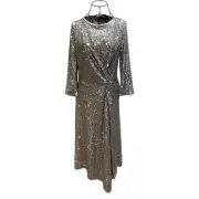 ST. JOHN Org. $1595 Twist-Front Sequined Tulle Midi Dress Silver Size 6