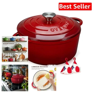 5.5QT Enameled Dutch Oven with Lid & Cotton Potholders for Effortless Cooking