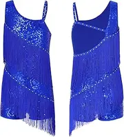 [RUNQHUI] Girls Sleeveless Sequins Tassels Leotard One Shoulder Straps Fringe Dress Latin Jazz Ballroom Dancewear