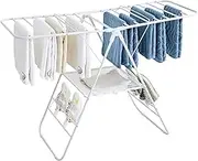 JS HANGER Clothes Drying Rack, Foldable Laundry Drying Racks with Shoe Rack, Free-Standing Large Standing Airer, with Height-Adjustable Wings, Indoor Outdoor Use, White