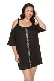 DOTTI WOMEN PLUS SIZE BLACK TUNIC COLD SHOULDER COVER UP Black 1X Style #11055 J