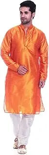 [Royal Kurta] Men's Silk Blended Mandarin Collar Long Kurta Churidar Set (38, Saffron)