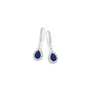 Silver Blue Glass Pear & Cz Fancy Hook Earrings in Blue
