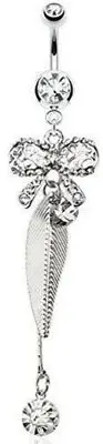 Belly Button Ring Ribbon Multi-Paved with Leaf Dangle Navel Ring 316L Surgical S