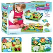 Wooden Set of 3 Toddler Puzzles – Dinosaurs, Jungle, and Farm with Storage Rack