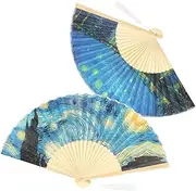 BAMBOO HANDHELD FOLDING FAN FOR PARTY DANCING DECORATION TWO STAR DESIGNED FEATURES