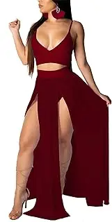 [Mintsnow] Sexy Dresses for Women 2 Piece Outfits Chiffon Strap Deep V Neck Bra Crop Top High Split Maxi Dress Skirt Set Beachwear Wine Red L, Wine Red, Large