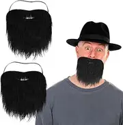 Black Fake Mustache 2Pcs with Elastic Band,No Glue Needed Reusable Costume Fake Mustache for Halloween, Cosplay, Theater, Adjustable Strap for Men, Women & Kids