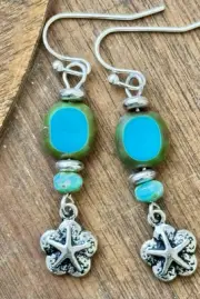 Turquoise Picasso Beads and Etched Silver Sand Dollar Dangle Earrings. Beach.