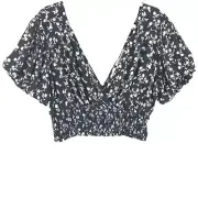 Pookie Sebastian Crop Top Women's L Navy Rayon Floral V Neck Bubble Sleeve NWT