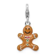 Sterling Silver Amore La Vita Rhodium-Plated Polished 3-D Enameled Gingerbread Cookie Charm With Fancy Lobster Clasp
