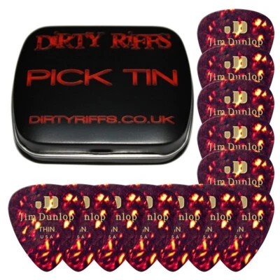 12 x Dunlop Celluloid Shell Thin 0.46mm Guitar Picks Plectrums In A Pick Tin