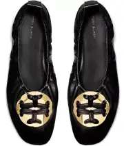 Tory Burch Wovens Double T Ballets Flats Black Genuine Leather Gold Logo Sz 10.5