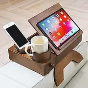 ikkle Sofa Armrest Tray Bamboo Couch Arm Tray, Adjustable Side Table for Wide Chair Arm-Rest, Multifunctional Armrest Table with 360 Rotating Phone & Cup Holder Couch, Brown