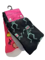 New Betsey Johnson 3 Pr Halloween Socks Women’s Crew Skeleton Candy Corn Pink